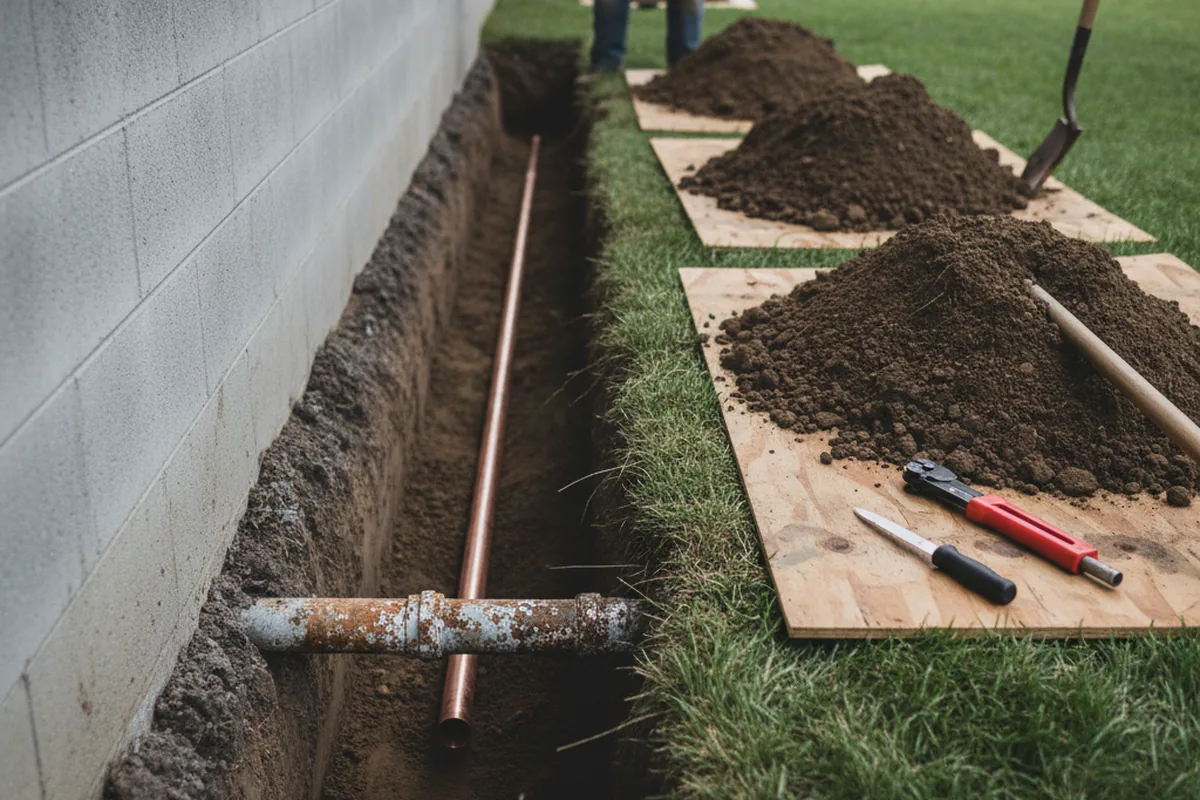 Excavated water line trench during Water Softener Installation in Pearl